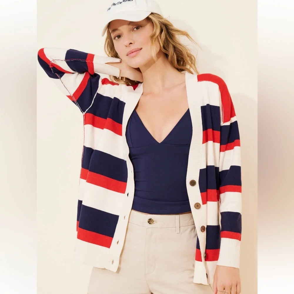 Free People League of Her Own Striped Cardigan in Red and Navy Small NWOT